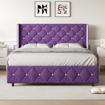 Diamond Tufted Bed Frame with Wingback Headboard & Silvery Side Wings – Upholstered, No Box Spring, Twin Full Queen King, 6 Colors