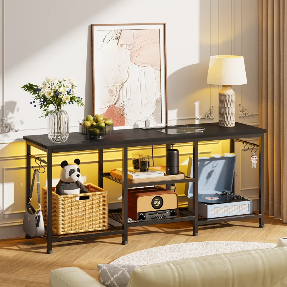 TV Stand with Charging Station and LED Lights, 55 Inch Entertainment Center with 4-Tier Open Storage Shelves, Living Room Bedroom Media Console Cabinet, Easy Assembly