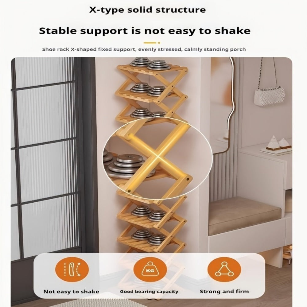 Bamboo Shoe Rack Foldable 2/6/7 Tier Entryway Organizer 20-Second Setup, Space-Saving Eco-Friendly Shoe Shelf for Hallway Closet Bedroom, Natural Charcoal No Tools Required