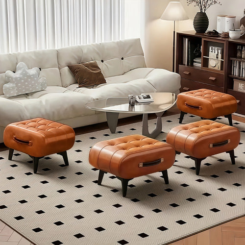Faux Leather Ottoman Footstool, Small Square Accent Stool with Wooden Frame & Metal Legs for Living Room Entryway Bedroom Office, Retro Modern Shoe Changing Bench – Blue Brown Black Grey Green