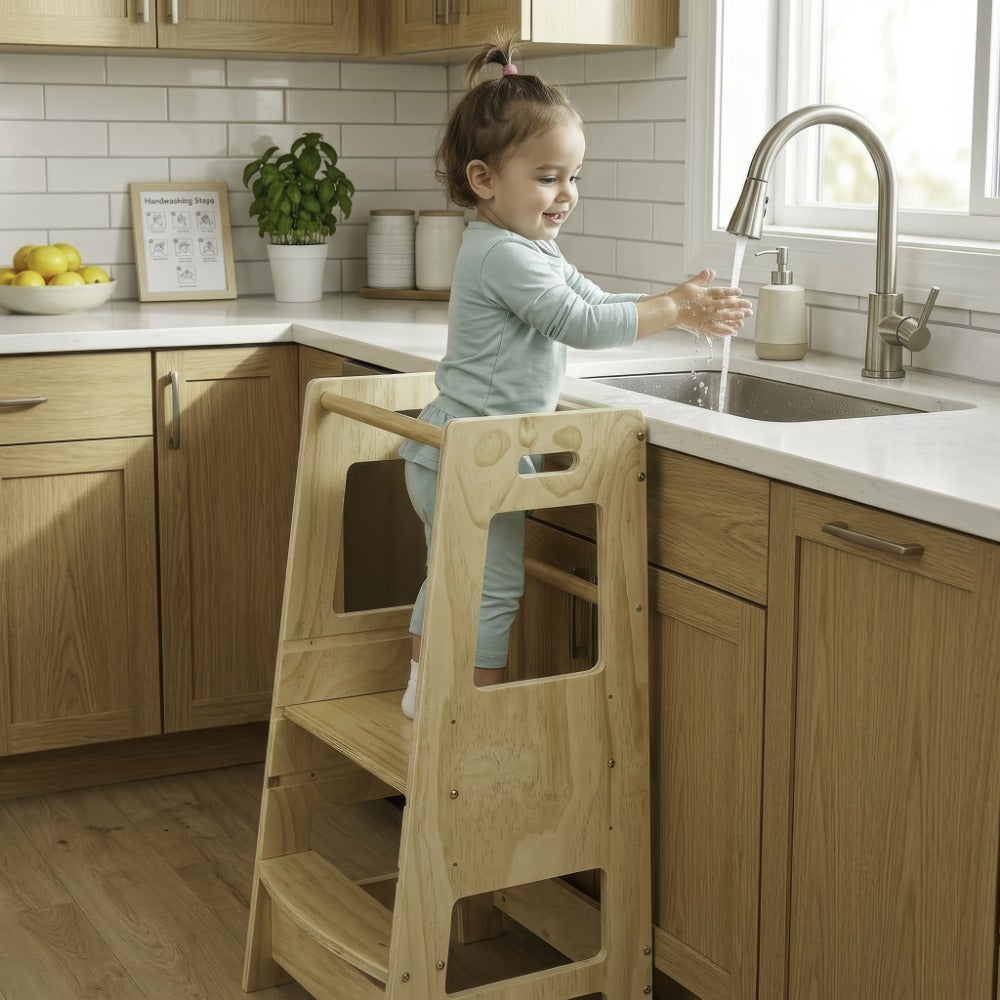Toddler Kitchen Helper Tower Standing Stool for Kitchen Counter Learning Step Stool for Toddlers Safe Sturdy Helper Standing Tower Random Color Wood Color