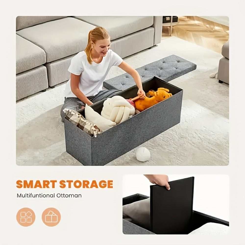 Folding Storage Ottoman Bench with Seat, Heavy Duty Indoor Outdoor Organizer in 15" 30" 43" Sizes, Non-Porous Easy-Clean Surface for Living Room Bedroom Patio Garden Garage, Grey