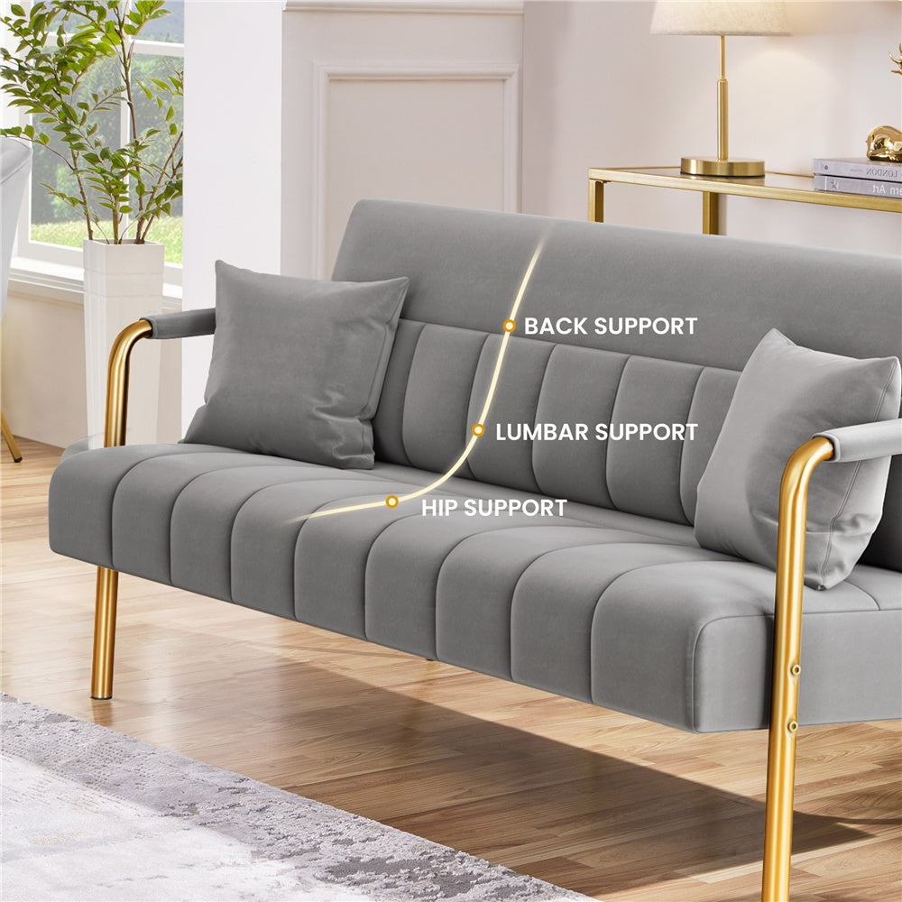 Costoffs Velvet Fabric Sofa Couch, 56.5″ W Modern Loveseat Couch with Gold-tone Metal Arms, Legs & 2 Pillows, Sofa for Living Room, Bedroom Furniture