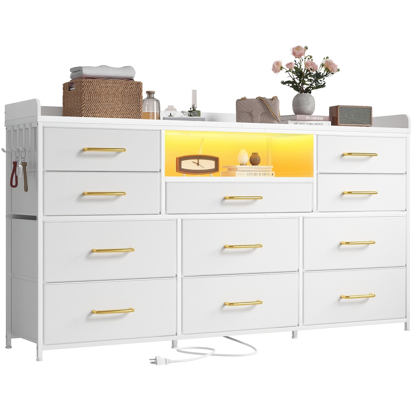 [Dresser TV Stand] Dresser TV Stand With 11 Drawers For 60" TV Stand For Bedroom With LED Lights & Power Outlets Long Dresser For Bedroom With Shelves & 4 Hooks Sturdy Metal Frame & Wood Top, White