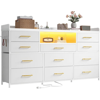 [Dresser TV Stand] Dresser TV Stand With 11 Drawers For 60" TV Stand For Bedroom With LED Lights & Power Outlets Long Dresser For Bedroom With Shelves & 4 Hooks Sturdy Metal Frame & Wood Top, White