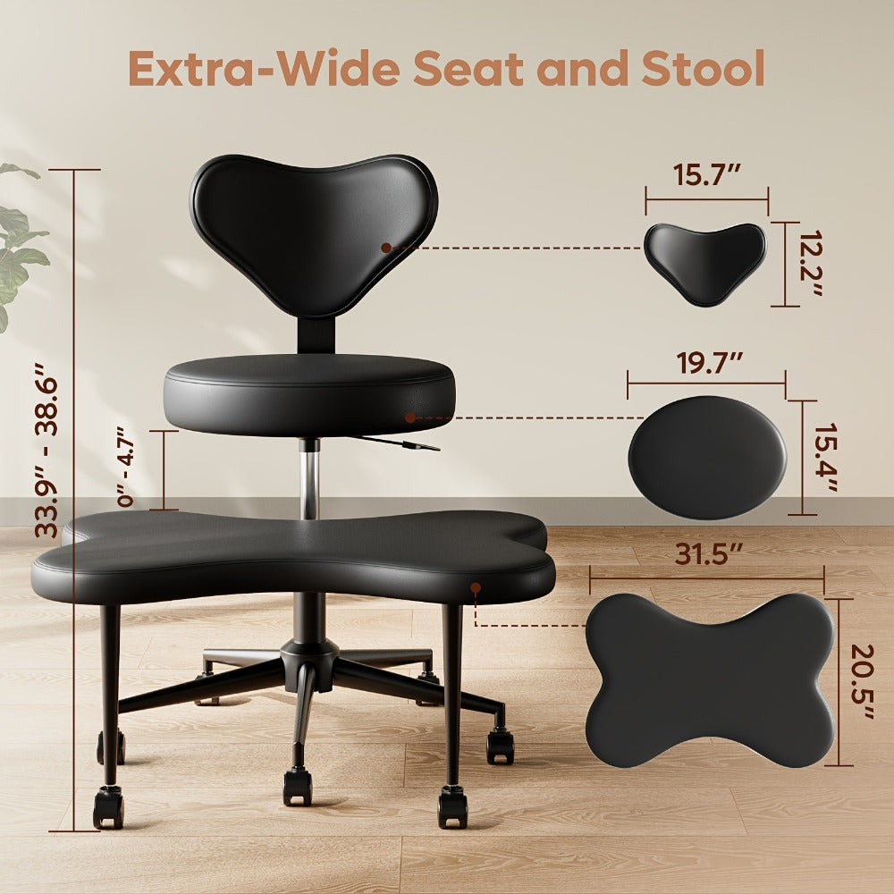 Cross-Legged Meditation Chair with Wheels – Height Adjustable ADHD Chair, Ergonomic Crescent Back Support, Memory Foam Seat, 360° Swivel, Teddy Fleece & Faux Leather in 4 Colors