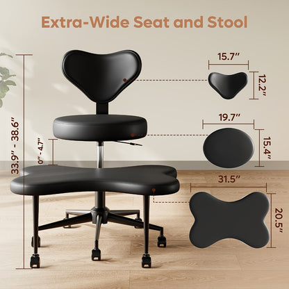 Cross-Legged Meditation Chair with Wheels – Height Adjustable ADHD Chair, Ergonomic Crescent Back Support, Memory Foam Seat, 360° Swivel, Teddy Fleece & Faux Leather in 4 Colors