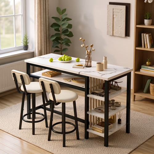 3-Piece Counter Height Dining Table Set with Faux Leather Bar Stools & Storage Shelves - Modern Farmhouse Breakfast Nook Set for Small Spaces, MDF Top & Metal Frame