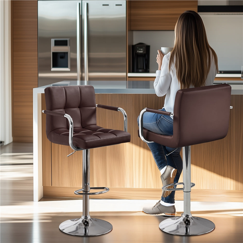 Costoffs 2pcs PU Leather Bar Stools Adjustable Swivel Stools Kitchen Chairs with Large Steel Base, Backrests & Footrest for Dining Room, Kitchen Island, Home Bar Counter, Christmas Gift