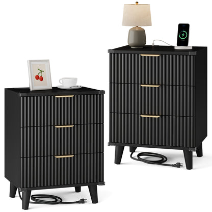 [Nightstand with Charging] Set of 1 Or 2 Nightstand with Charging Station, Side Table with 3 Drawers, Bedside End Table with 2 USB Ports And 2 AC Outlets, Night Stand for Bedroom, Small Dresser for Small Spaces