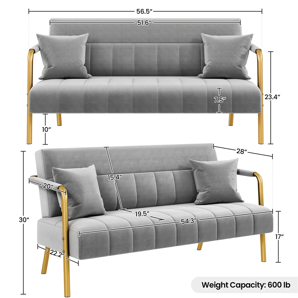 Costoffs Velvet Fabric Sofa Couch, 56.5″ W Modern Loveseat Couch with Gold-tone Metal Arms, Legs & 2 Pillows, Sofa for Living Room, Bedroom Furniture