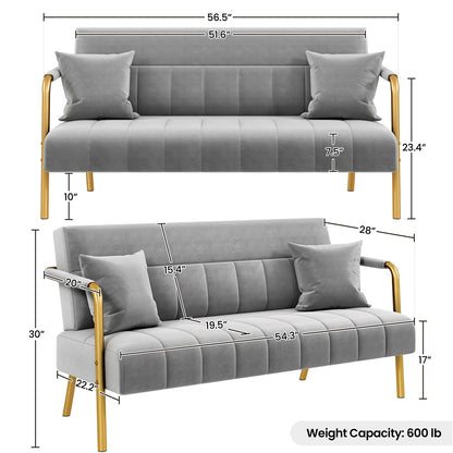 Costoffs Velvet Fabric Sofa Couch, 56.5″ W Modern Loveseat Couch with Gold-tone Metal Arms, Legs & 2 Pillows, Sofa for Living Room, Bedroom Furniture