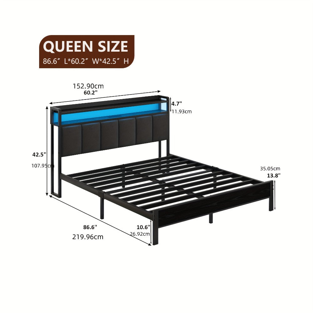 Bed Frame with Storage Headboard LED Lights and Charging Station Twin Full Queen King Heavy Duty Metal Slatted Base No Box Spring White Grey Cream