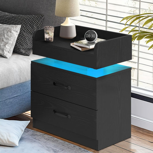 [LED Night Stand] Aerotier Decor, 1pc & 2pcs Black/White LED Night Stand With Charging Station, 1pc & 2pcs Bedroom Nightstand With 2 Drawers, LED Side Table For Bedroom & Living Room, Narrow Entryway Table, Smart Nightstand With Charging Station