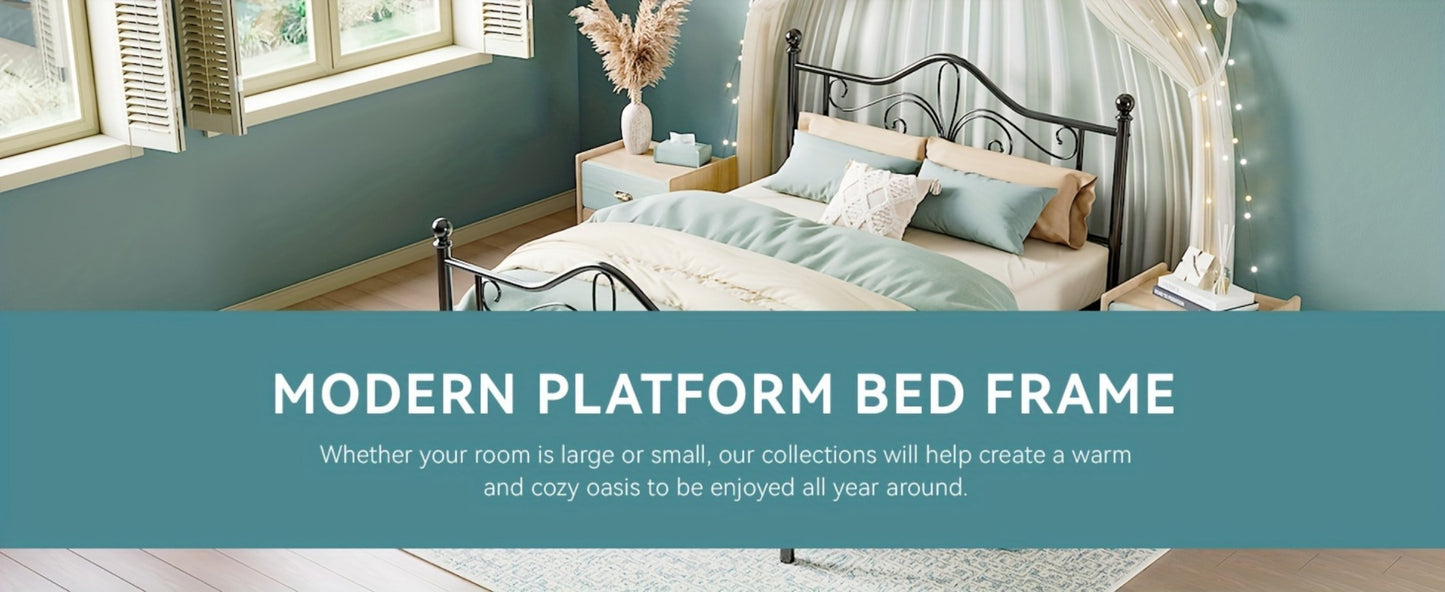 Metal Platform Bed Frame with Butterfly Pattern Headboard & Footboard – No Box Spring Required, Easy Assembly | Modern Decorative Bed Frame for Bedroom | Furn Mivo