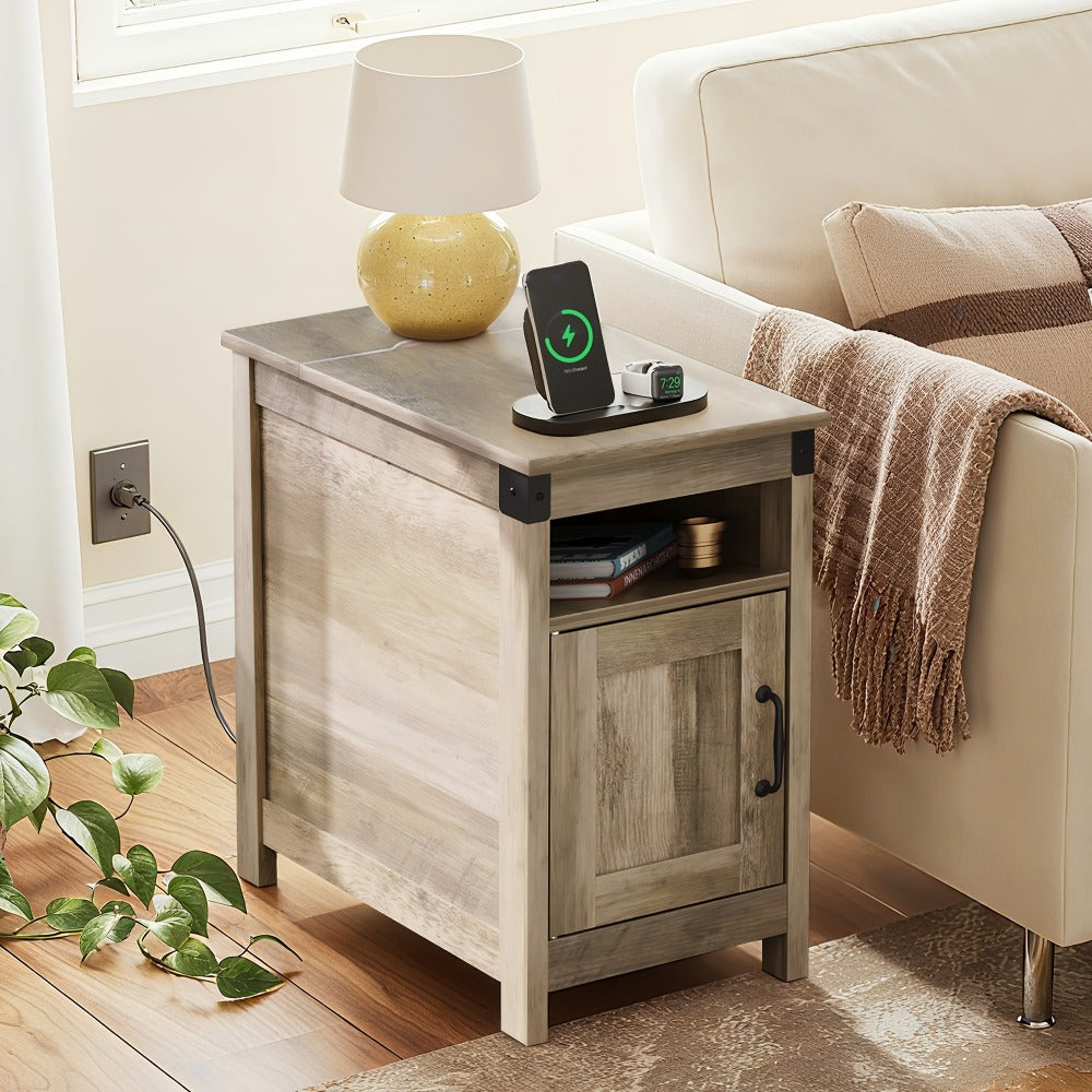 End Table with Charging Station USB Ports & Outlets | Farmhouse Nightstand with Storage for Small Spaces, Narrow Side Table for Living Room & Bedroom | Espresso, White, Brown, Greige