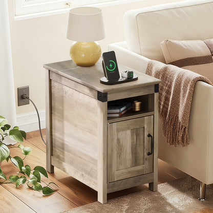 End Table with Charging Station USB Ports & Outlets | Farmhouse Nightstand with Storage for Small Spaces, Narrow Side Table for Living Room & Bedroom | Espresso, White, Brown, Greige