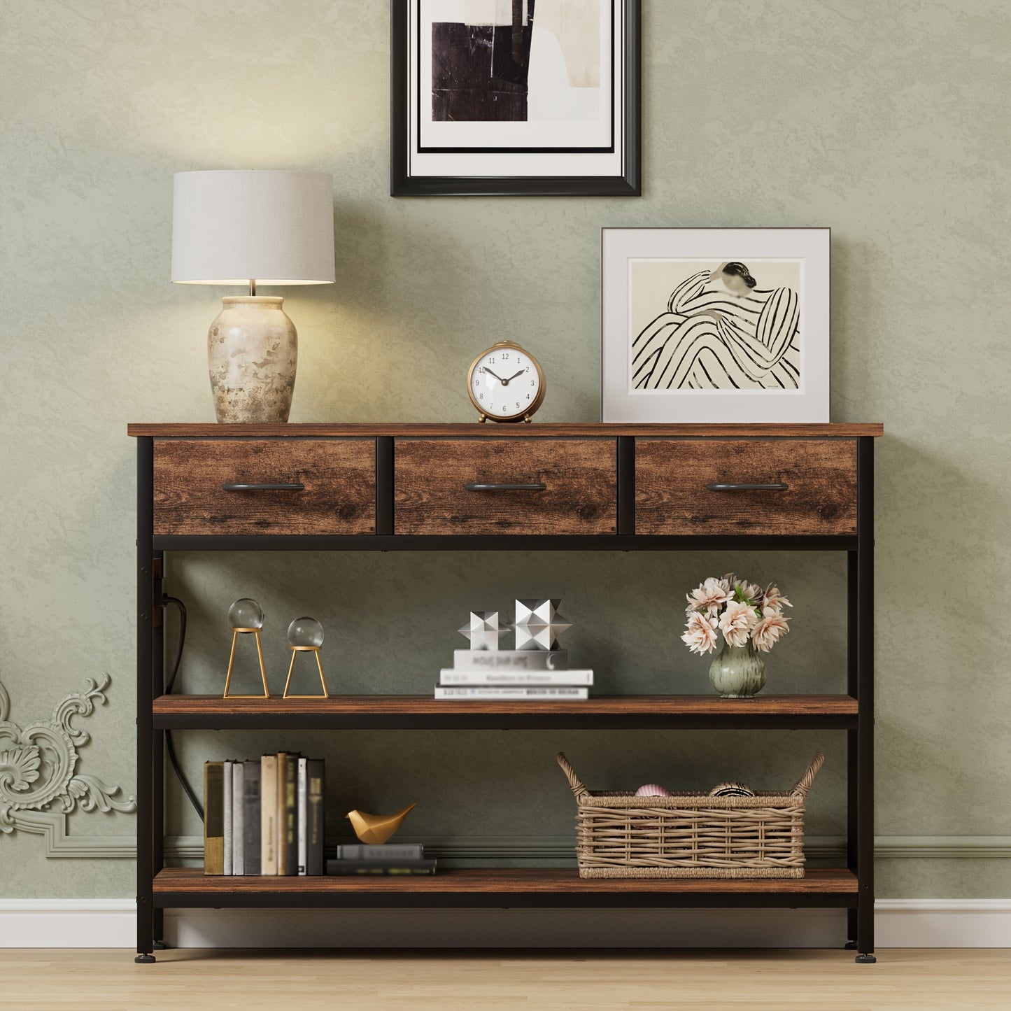 3-Tier Console Table with Charging Station 2 AC Outlets 2 USB Ports Fabric Drawers Open Shelves Narrow Entryway Sofa Table for Hallway Living Room Small Spaces