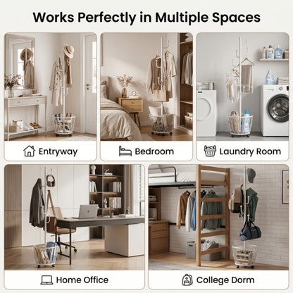 Freestanding Rolling Coat Rack with Storage Basket, Heavy-Duty Metal Garment Hanger with Hooks and Wheels, Space-Saving Clothes Organizer for Entryway Bedroom Living Room