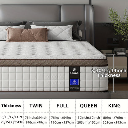 8In/10In/12In/14In Twin/Full/Queen/King Mattress | Memory Foam And Spring Hybrid, Medium Firm, Fiberglass-Free And Odorless, Breathable with Lumbar Support, Box-Packed for Bedrooms, Guest Rooms And Hotels