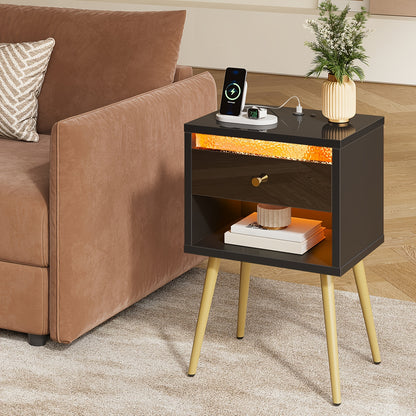 A Pair of Contemporary Nightstands Featuring USB Charging Ports, Standing at 12 Inches Tall. These Compact Bedside Tables Come with a Drawer And Open Storage, Making Them Ideal for Valentine'S Decor in Bedrooms Or Living Rooms