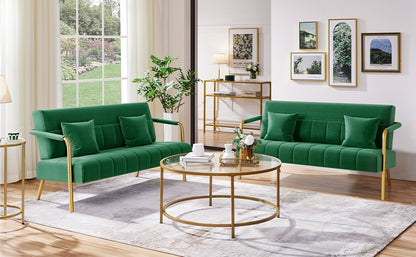 Costoffs Velvet Fabric Sofa Couch, 56.5″ W Modern Loveseat Couch with Gold-tone Metal Arms, Legs & 2 Pillows, Sofa for Living Room, Bedroom Furniture