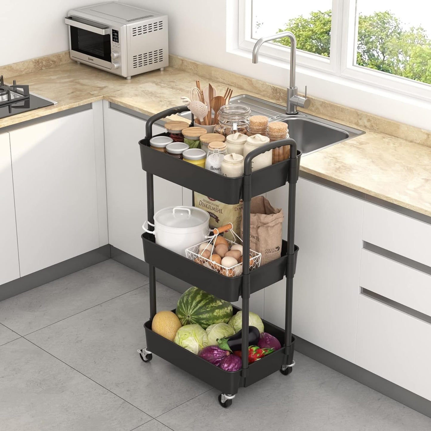 3-Tier Plastic Rolling Utility Cart with Handle, Multi-Functional Storage Trolley for Office, Living Room, Kitchen, Movable Storage Organizer with Wheels