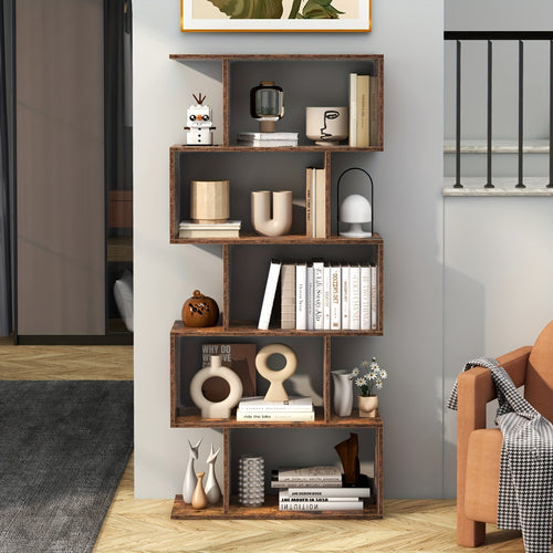 5-Tier Geometric S-Shaped Bookcase, Rustic Wooden Room Divider Storage Display Shelf, 62.5" Tall Freestanding Shelving Unit for Home & Office Decor