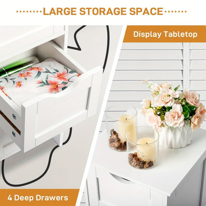 4 Drawer Storage Cabinet White Compact MDF Space Saving Drawer Unit for Bathroom Bedroom Closet Daily Organization