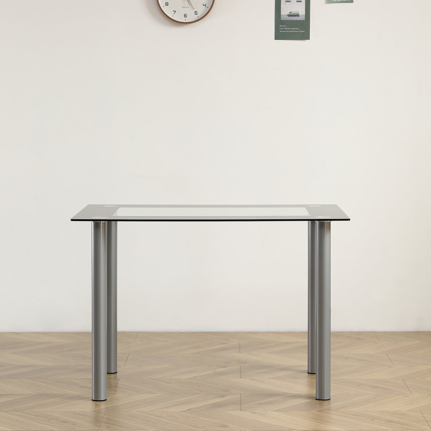 Easy Rectangular Dining Table, Black Edging Clear Glass Small Dining Table, 4-Seater Dining Table Composed of Stainless Steel Cylindrical Legs And Tempered Glass (Chairs Not Included)
