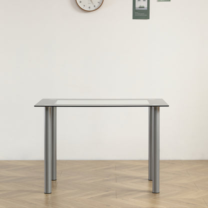 Easy Rectangular Dining Table, Black Edging Clear Glass Small Dining Table, 4-Seater Dining Table Composed of Stainless Steel Cylindrical Legs And Tempered Glass (Chairs Not Included)