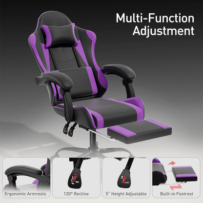 Ergonomic Gaming Chair with Retractable Footrest & Detachable Lumbar Support 360 Degree Swivel Racing Style PU Leather Computer Gaming Chair with Headrest for Home Bedroom Office