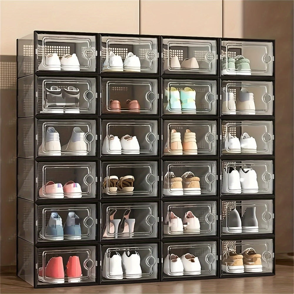 Transparent Shoe Boxes with Lid Stackable Foldable Clear Shoe Storage Organizer Set 6 12 24 Pcs Space Saving Plastic Shoe Containers for Closet Bedroom Entryway Dorm