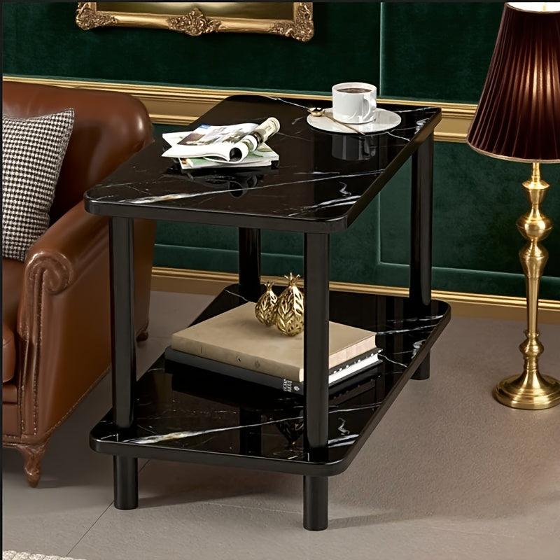 Elegant Side Table for the New Home, a Two-tier Coffee Table with a Marble-like Scratch-resistant Top, a Bedside Table for Books and Lamps in the Bedroom, a Coffee Corner on the Balcony with Greenery, Coffee Cups, and Versatile Functions.