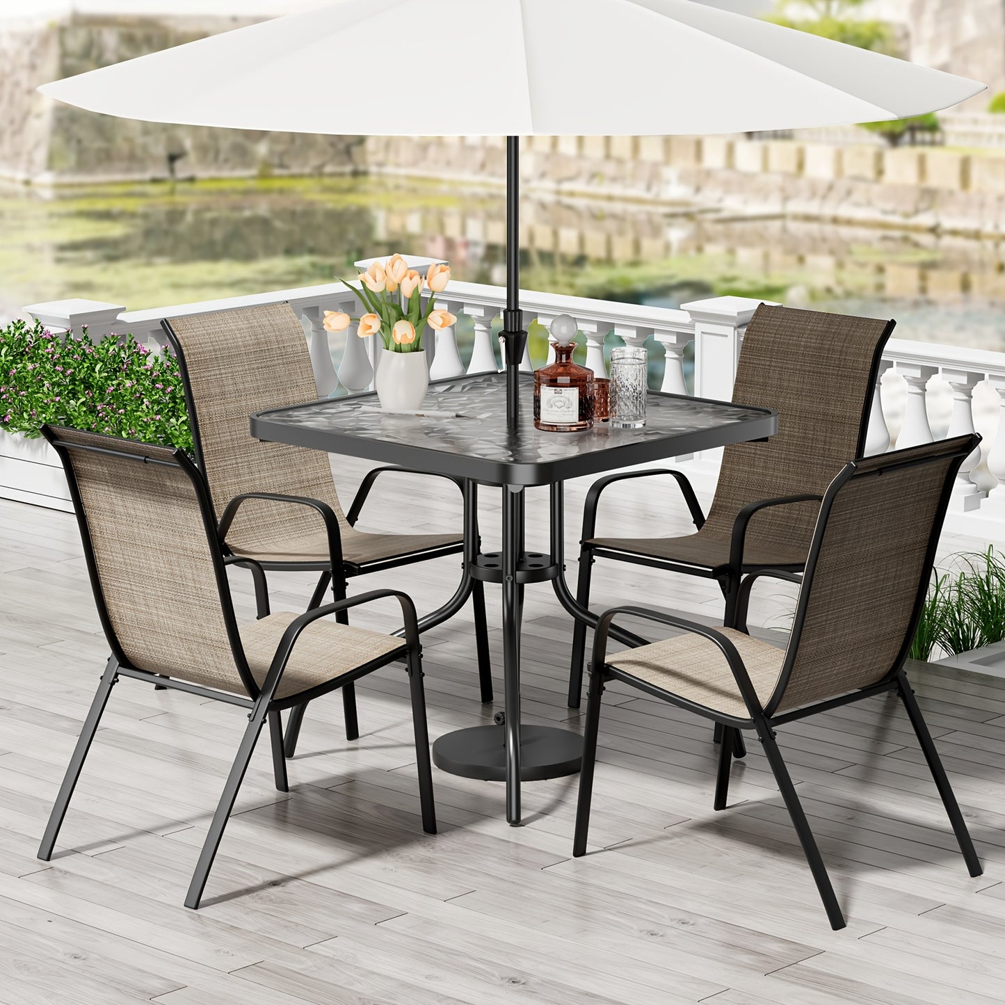 [Outdoor Furniture Set] Patio Dining Table and Chair Set, 5pcs, Space-Saving Outdoor Furniture for All-Weather Use, Includes 4 Stackable Textilene Chairs and a Metal Frame Table, Suitable for Courtyards, Gardens, Lawns, Backyards, and Poolside, Umbrella N