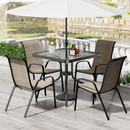 [Outdoor Furniture Set] Patio Dining Table and Chair Set, 5pcs, Space-Saving Outdoor Furniture for All-Weather Use, Includes 4 Stackable Textilene Chairs and a Metal Frame Table, Suitable for Courtyards, Gardens, Lawns, Backyards, and Poolside, Umbrella N