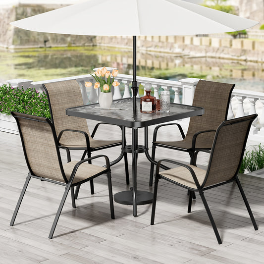 [Outdoor Furniture Set] Patio Dining Table and Chair Set, 5pcs, Space-Saving Outdoor Furniture for All-Weather Use, Includes 4 Stackable Textilene Chairs and a Metal Frame Table, Suitable for Courtyards, Gardens, Lawns, Backyards, and Poolside, Umbrella N