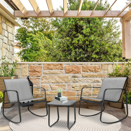 [Outdoor Rocking Set] 3pcs Outdoor Rocking Bistro Set, Furniture Set with Patio Rocking Chairs And Glass-Top Table, for Porch, Lawn, Garden, Yard, Balcony And Poolside