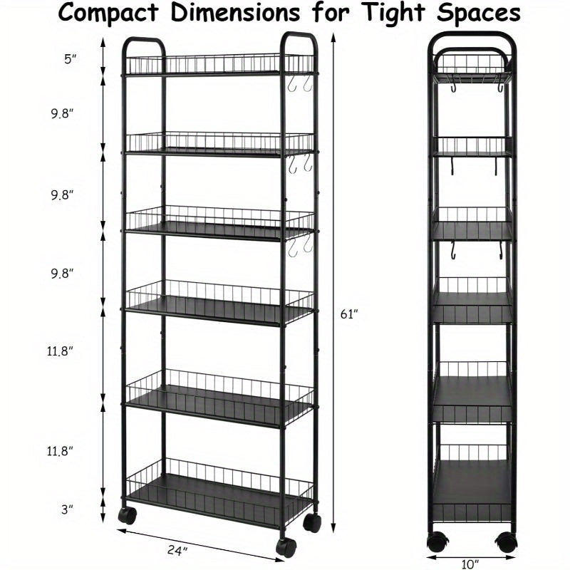 A Slim, Six-Tiered Storage Cart on Wheels, Designed for Utility And Mobility, Perfect for Organizing Spaces in The Kitchen Or Bathroom. Available in Black, with Dimensions Ranging from 6 to 10 Inches