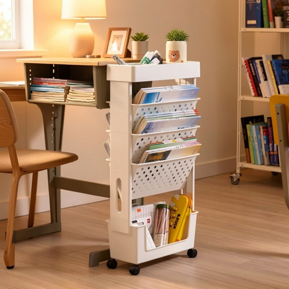 Mobile Rolling Bookshelf Storage Unit – Multi-Tier Beside-Desk Organizer for Students, Home & Classroom, White Green Pink Yellow