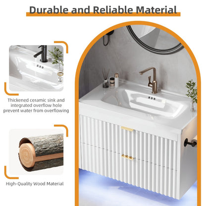 24 Inch Floating Bathroom Vanity with Sink & LED, Wall Mounted Cabinet with 3-Hole Ceramic Sink Wave Line Design 2 Soft-Close Drawers for Small Bathrooms Black White