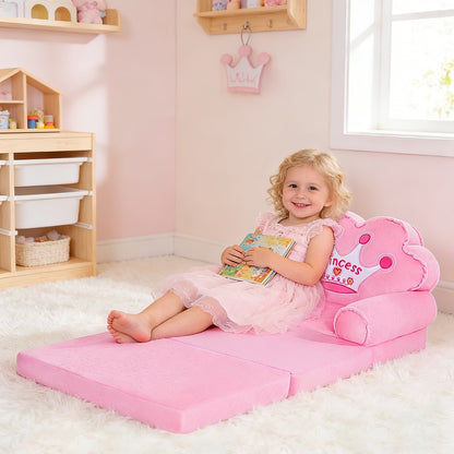 Kids Sofa Princess Crown Pink - 2-in-1 Flip Open Kids Couch & Lounger | Machine Washable Plush Cover & Certified Safe Foam | Dreamy Reading Nook Chair For Girls