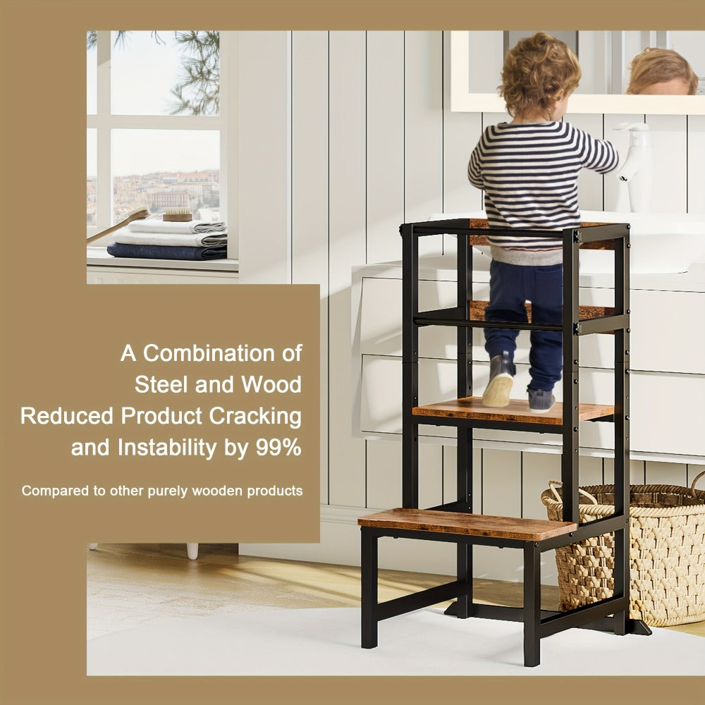 Adjustable Toddler Learning Tower Step Stool with Safety Rail Height Adjustable Kids Kitchen Helper Stool Wooden Steel Stand for Children
