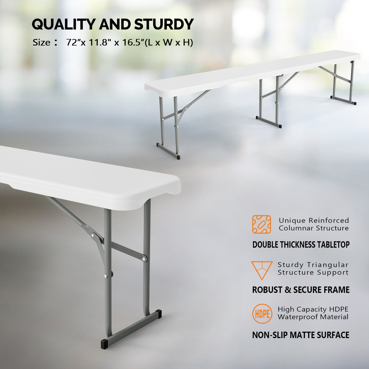 Bonnlo 6 Feet White/ Black Plastic Folding Benches for Outdoor Camping Dining Soccer Games Portable Picnic Party Seating with Smooth HDPE Tabletop 1 Pack/ 2 Pack Garden Patio Lawn Dining Benches Chairs