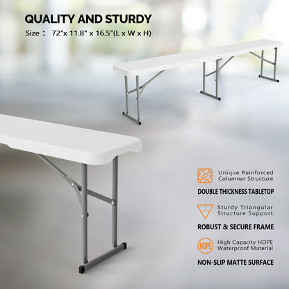 Bonnlo 6 Feet White/ Black Plastic Folding Benches for Outdoor Camping Dining Soccer Games Portable Picnic Party Seating with Smooth HDPE Tabletop 1 Pack/ 2 Pack Garden Patio Lawn Dining Benches Chairs