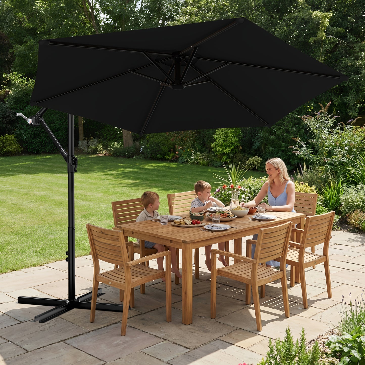 10-Foot Cantilever Patio Umbrella Featuring an Infinite Tilt Mechanism, Offset Outdoor Umbrella with a Cross Base, Durable Crank Lift Market Umbrella Suitable for Yards, Gardens, And Decks (Weighted Base Sold Separately)