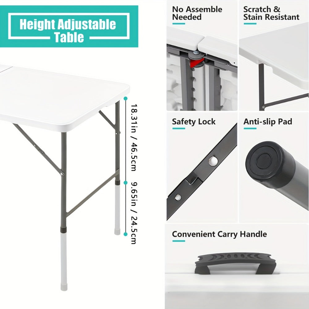 Folding Table 2.5/4/6 FT Portable Heavy Duty Plastic Fold-in-Half Utility Table, Adjustable Height with Carrying Handle for Indoor Outdoor Camping Party Picnic Dining, White & Black
