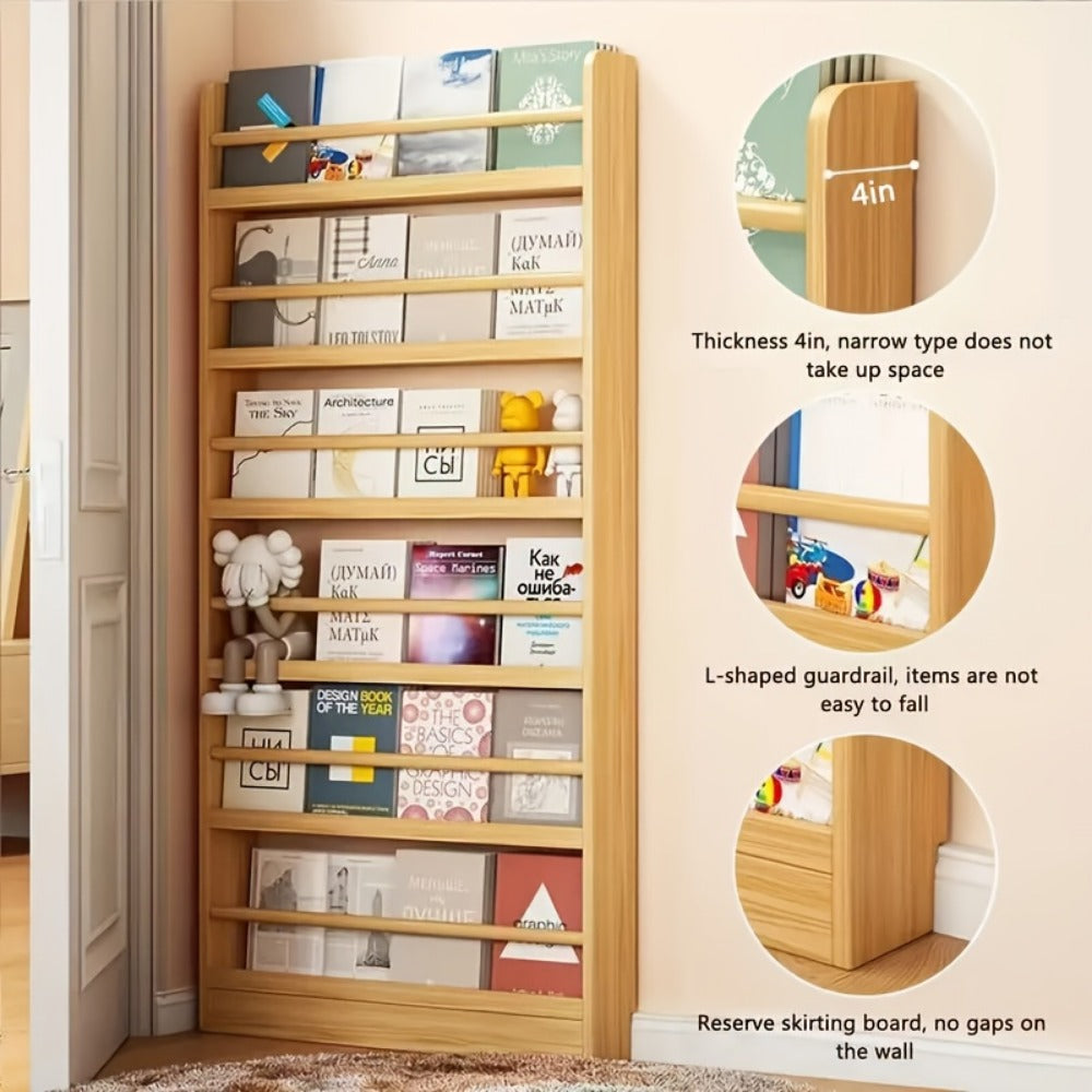 Ultra-Narrow Solid Wood Bookshelf – Wall Mounted & Over-the-Door Bookcase, Zero Formaldehyde, Multi-Layer Space-Saving Shelf, 2 3 4 5 6 Tier, Home Office & Living Room