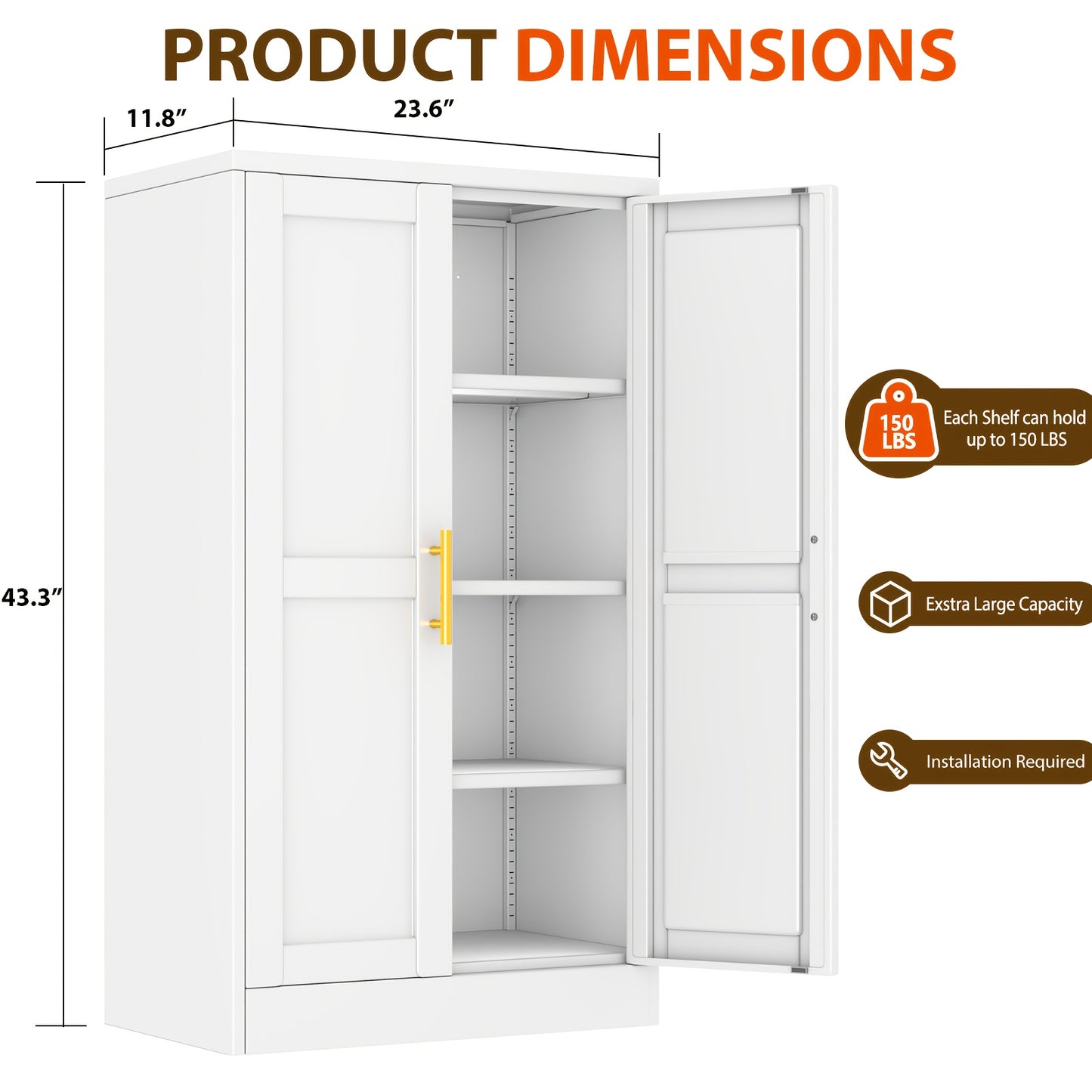 GEITIN 43.3-inch High Metal Storage Cabinet. Kitchen Storage Cabinet With 2 Doors And 3 Adjustable Shelves, Used For Independent Cabinets In The Kitchen, Dining Room, Living Room, Bathroom, And Study