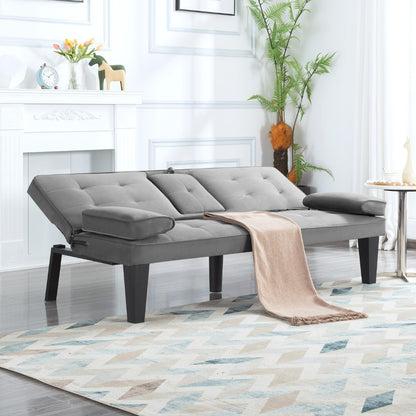 Futon Sofa Bed Convertible 65 Inch Foldable Lounge Chair Sleeper Couch with Adjustable Backrest Detachable Armrests Cup Holders Linen Upholstery Living Room Guest Room Black Gray Blue